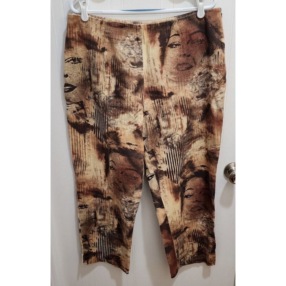 ERIC CASUAL Women's High Waisted Ankle Pants Side Zip Brown Faces Design Size 14